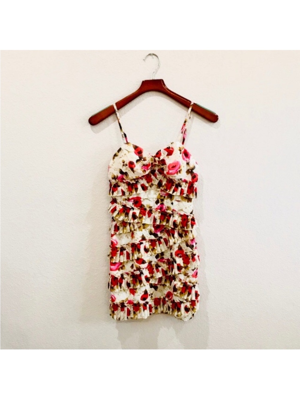 Floral Ruffle Mini Dress with Spaghetti Straps - Pink & Cream